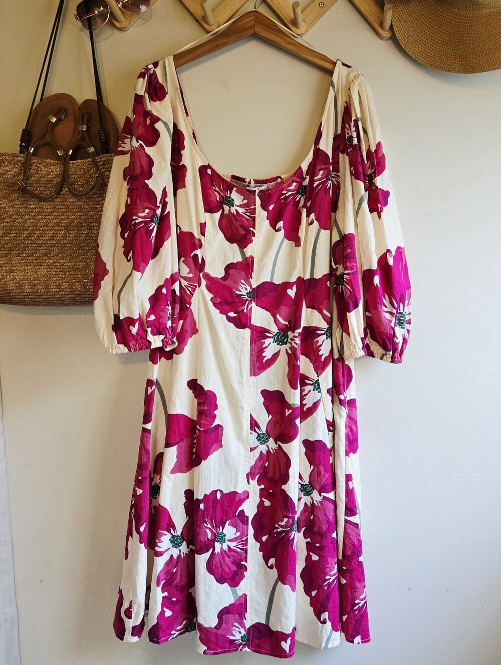 Ava & Viv Cream Midi Dress with Bold Fuchsia Floral Print